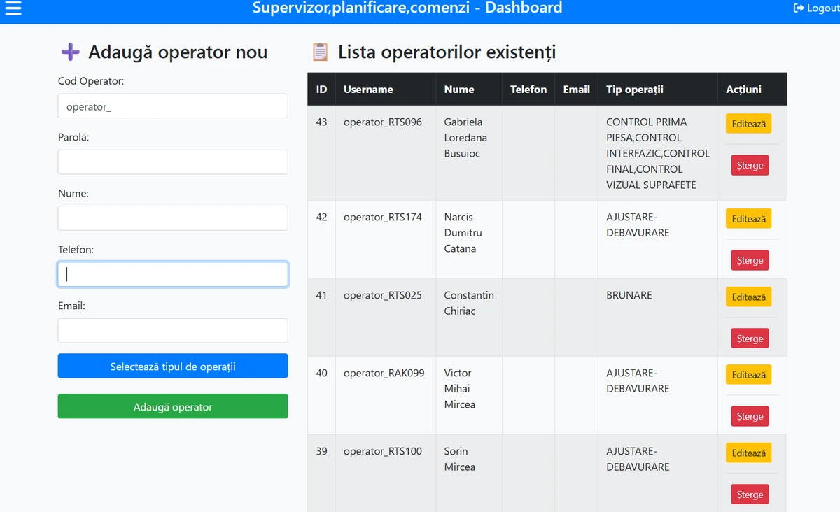 Management operatori – Traseu Tehnologic